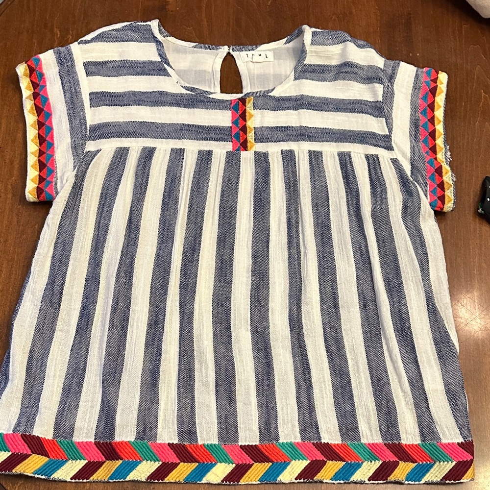 THML Blue & White Striped Women’s Embroidered Short Sleeve Top